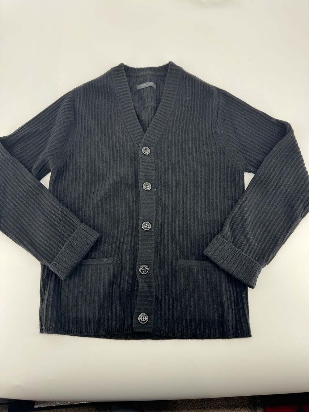 Bruuns Bazaar Copenhagen Black Ribbed Knit V-Neck Cardigan Sweater with Pockets